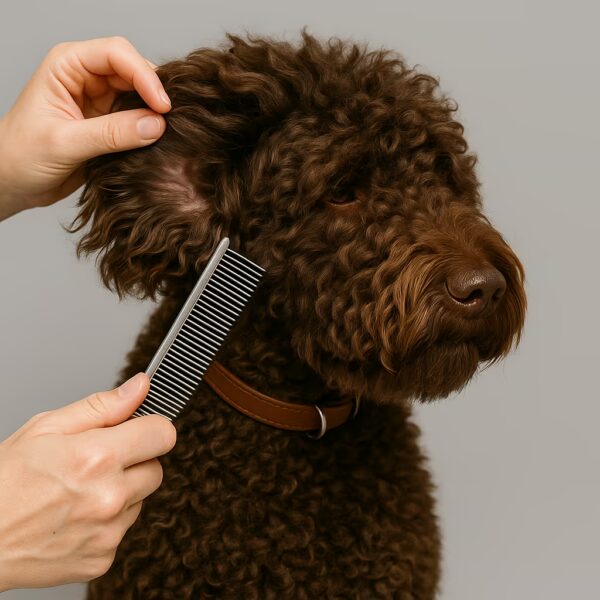 Barbet en studio avec brosse slicker, peigne à dents longues, tondeuse et spray démêlant