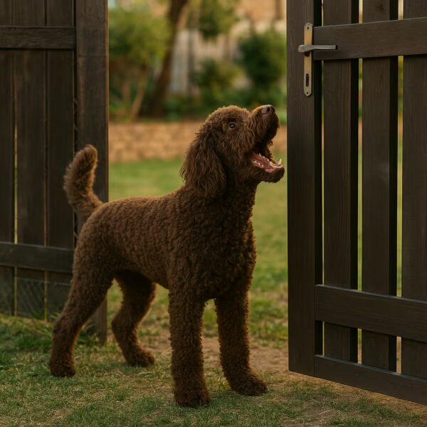 Barbet qui aboie devant un portail de jardin entrouvert