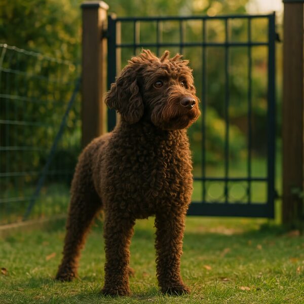 Barbet debout devant un portail de jardin, posture attentive, oreilles relevées