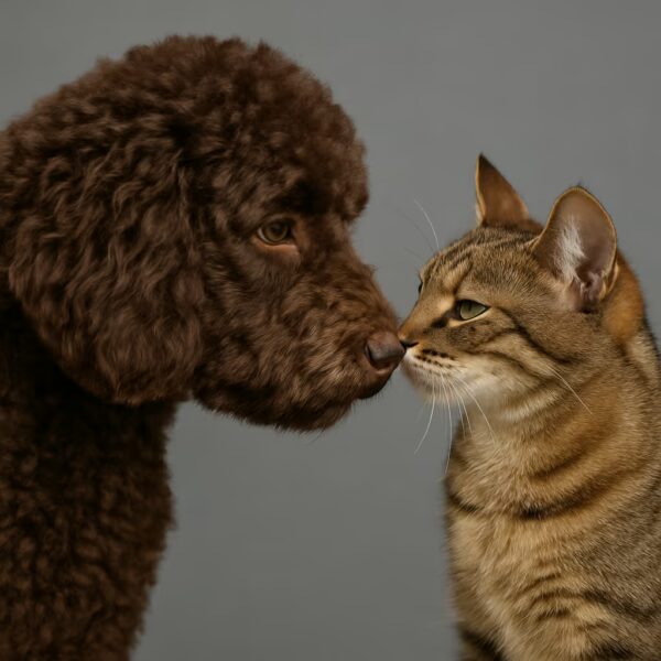 Barbet et chat tigré nez à nez en studio, regard calme
