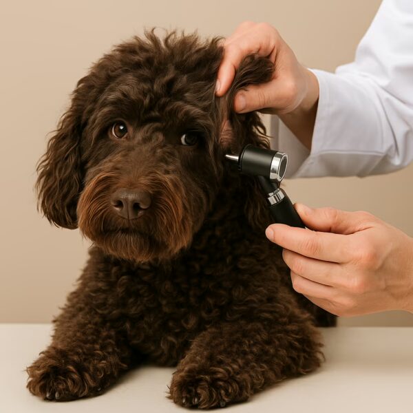 Barbet dont le vétérinaire examine l’oreille avec un otoscope