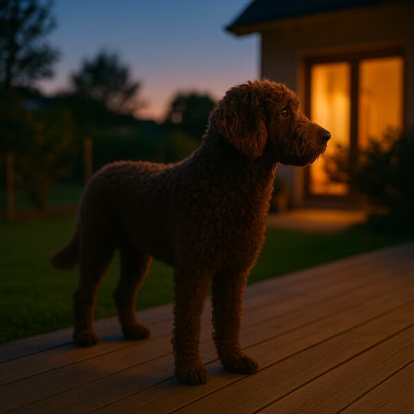 Barbet sur une terrasse au crépuscule, silhouette attentive face au jardin