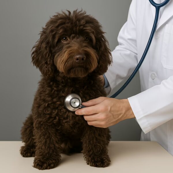 Barbet examiné au stéthoscope par un vétérinaire en studio