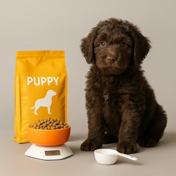 Chiot Barbet brun en studio, sac “PUPPY”, bol de croquettes sur balance et doseur blanc. »
