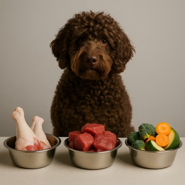 Barbet en studio devant trois bols : viande, os charnus, légumes