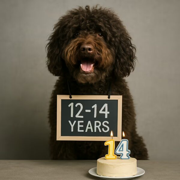 Barbet en studio avec ardoise indiquant 12–14 ans et petit gâteau d’anniversaire