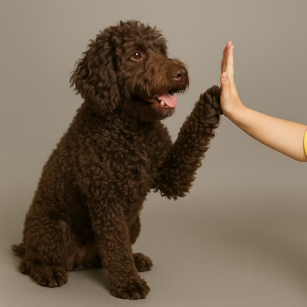 Barbet en studio donnant la patte à la main d’un enfant, fond gris