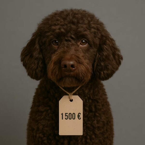 Portrait studio d’un Barbet avec étiquette de prix au collier