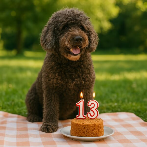 Barbet assis sur couverture pique-nique devant un gâteau avec bougies 13