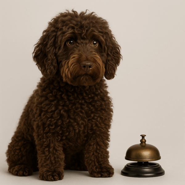 Barbet assis en studio à côté d’une sonnette, expression alerte et curieuse